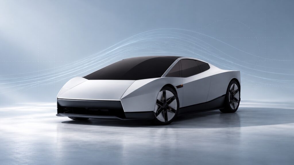 Silver-white 2026 Tesla Roadster with subtle aerodynamic linework on a blue-gray background.
