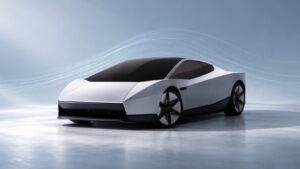 Silver-white 2026 Tesla Roadster with subtle aerodynamic linework on a blue-gray background.